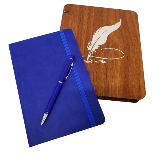Toptan Ahşap Kutulu Mavi Deri Defter Ve Metal Tükenmez Kalem Set
