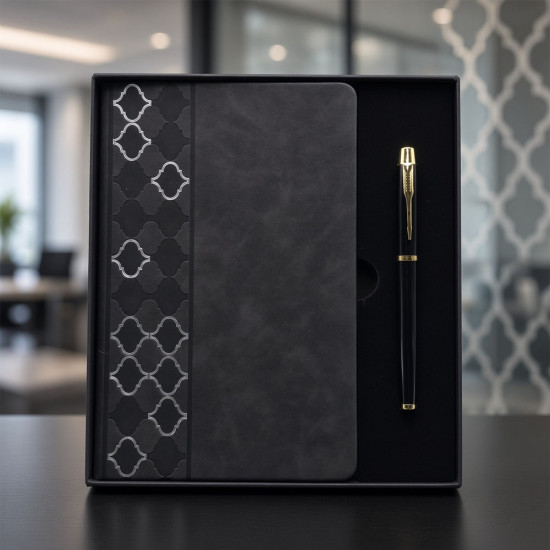 Toptan Desenli Siyah Deri Defter Kalem Set