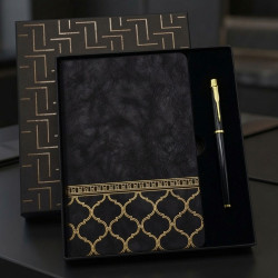 Toptan Gold Desen Siyah Deri Defter Kalem Set