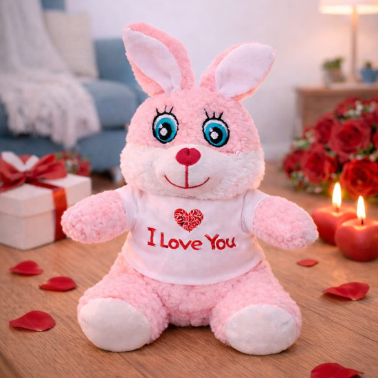 Toptan I Love You Tişörtlü Sevimli Pembe Peluş Tavşan Toptan I Love You Tişörtlü Sevimli Pembe Peluş Tavşan