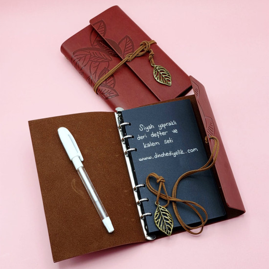 Toptan Kahverengi Siyah Yapraklı Deri Defter Ve Beyaz Jel Kalem Set