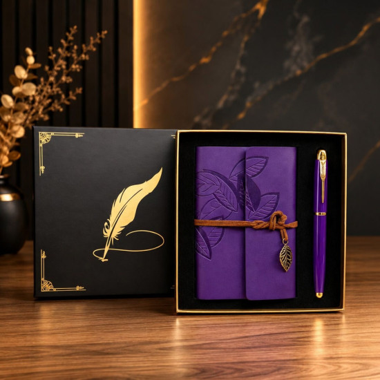 Toptan Mor Yaprak Desenli Deri Defter Ve Roller Metal Kalem