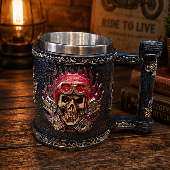 Toptan Kuru Kafa Motorcu Tasarımlı Metal Kupa Bardak Toptan Kuru Kafa Motorcu Tasarımlı Metal Kupa Bardak